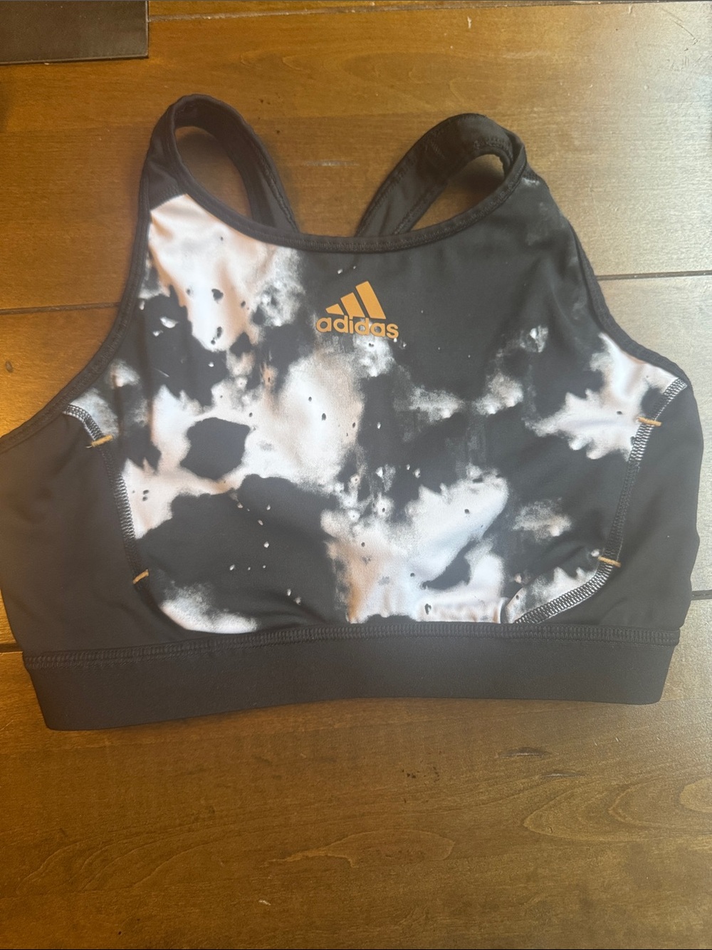adidas Black & White Tie-Dye Sports Bra Top with Orange Logo